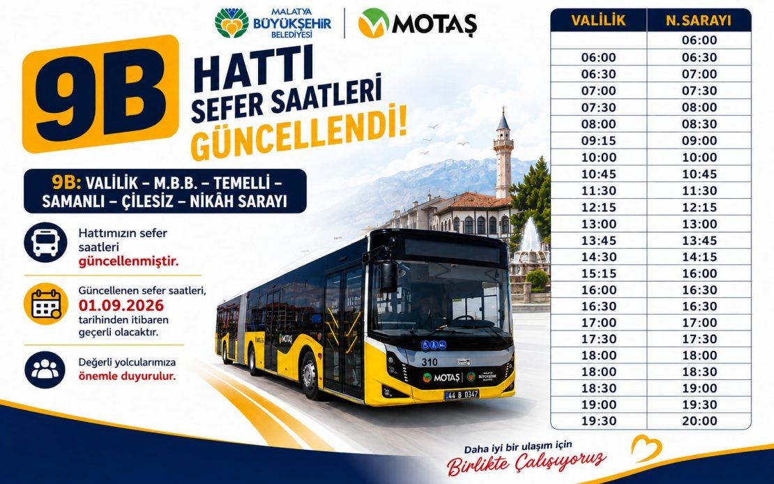 9B: VALİLİK – M.B.B. – TEMELLİ – SAMANLI – ÇİLESİZ – NİKÂH SARAYI Hattımızın Sefer Saatleri Güncellenmiştir.
